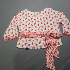 Tristan Eyelet Lace Blouse Womens Small petite SP Red White Floral Tie Waist